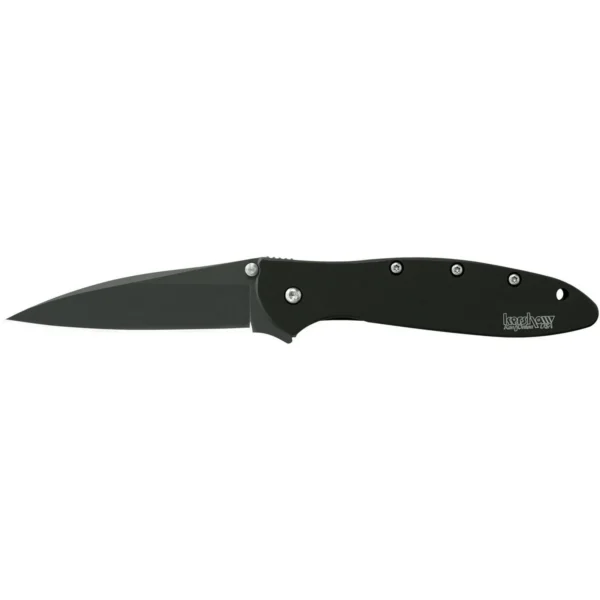 Kershaw Ken Onion Leek Folding Knife, open left-side view with black drop point blade and handle