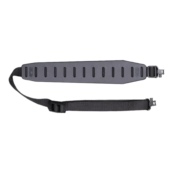 Blackpowder Products Inc-Quake Quake Claw 2.0 Rifle Sling Black laid flat with gray shoulder pad