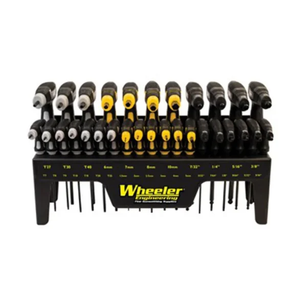 AOB Wheeler Engineering P-Handle Driver Set, front view in black rack with yellow accents
