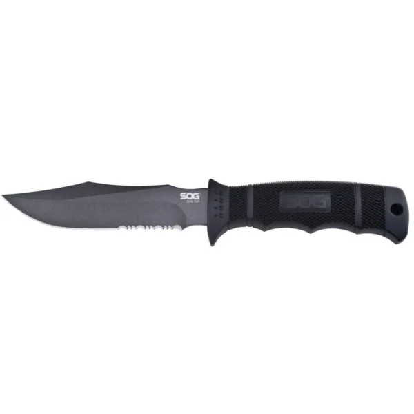 SOG SEAL Pup, black fixed-blade knife with serrated edge and textured handle, right side view