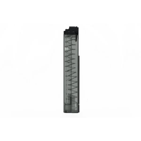 KCI USA APC9 handgun magazine, front view in translucent grey with visible internal spring