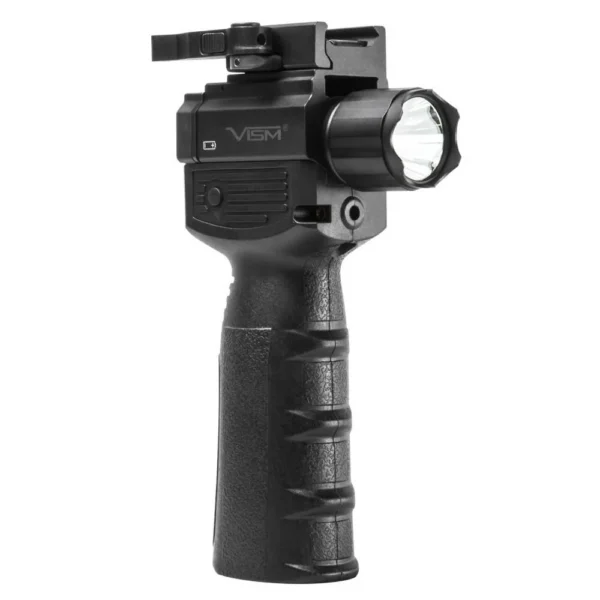 NcSTAR VISM Vertical Grip Weapon Light black front-right view with flashlight and ribbed grip