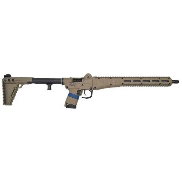 Kel-Tec SUB2K, tan and black folding carbine in right-side view with magazine inserted