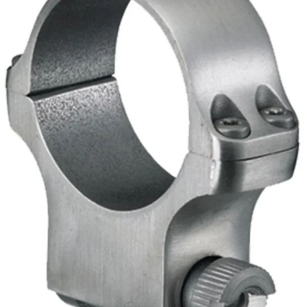 RUGER 30MM HIGH(5) STS, silver scope ring in angled view with clamp screw