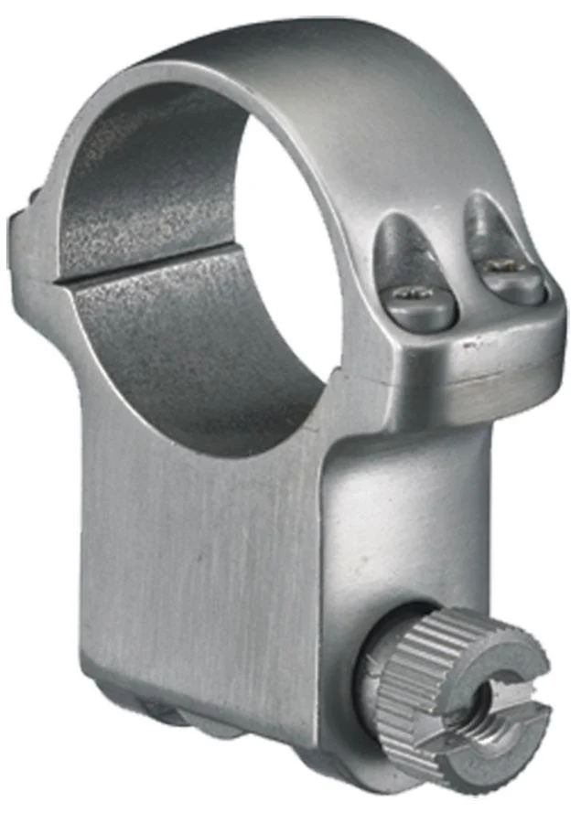 primary-53460 Ruger Steel Scope Ring - Single 6K, stainless finish in angled view with clamp screw
