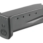 Ruger SR45 black magazine in angled side view with witness holes and extended base plate