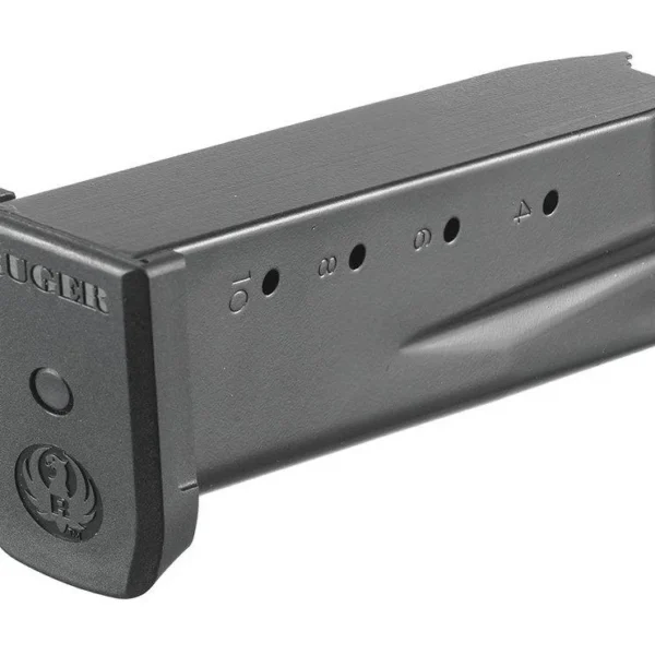 Ruger SR45 black magazine in angled side view with witness holes and extended base plate