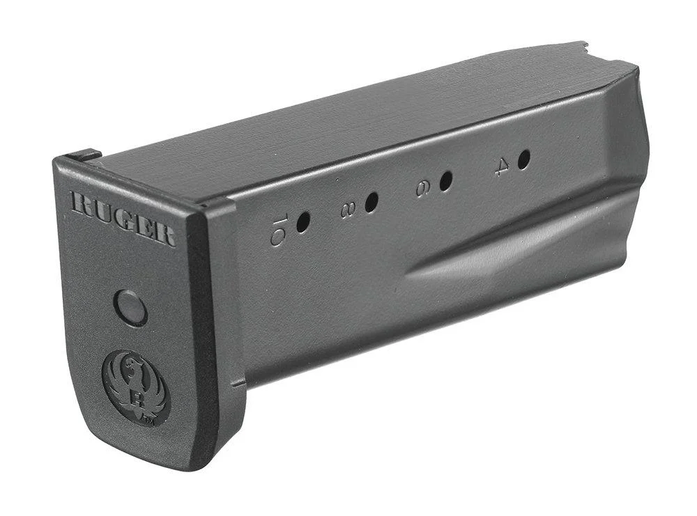 primary-53476 Ruger SR45 black magazine in angled side view with witness holes and extended base plate