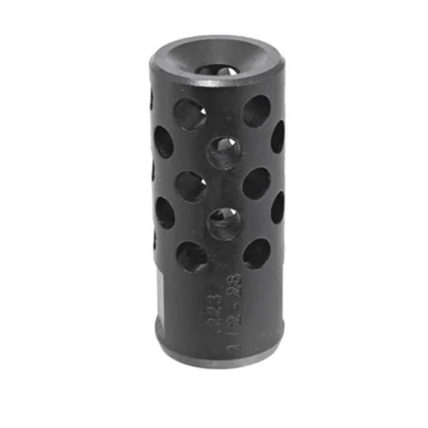 RUGER 223REM Radial Port Muzzle Brake, angled top view in dark grey with circular ports