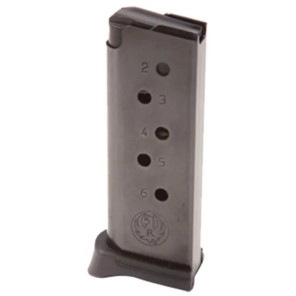 Ruger LCP handgun magazine, front view with silver body, witness holes and black extended floorplate