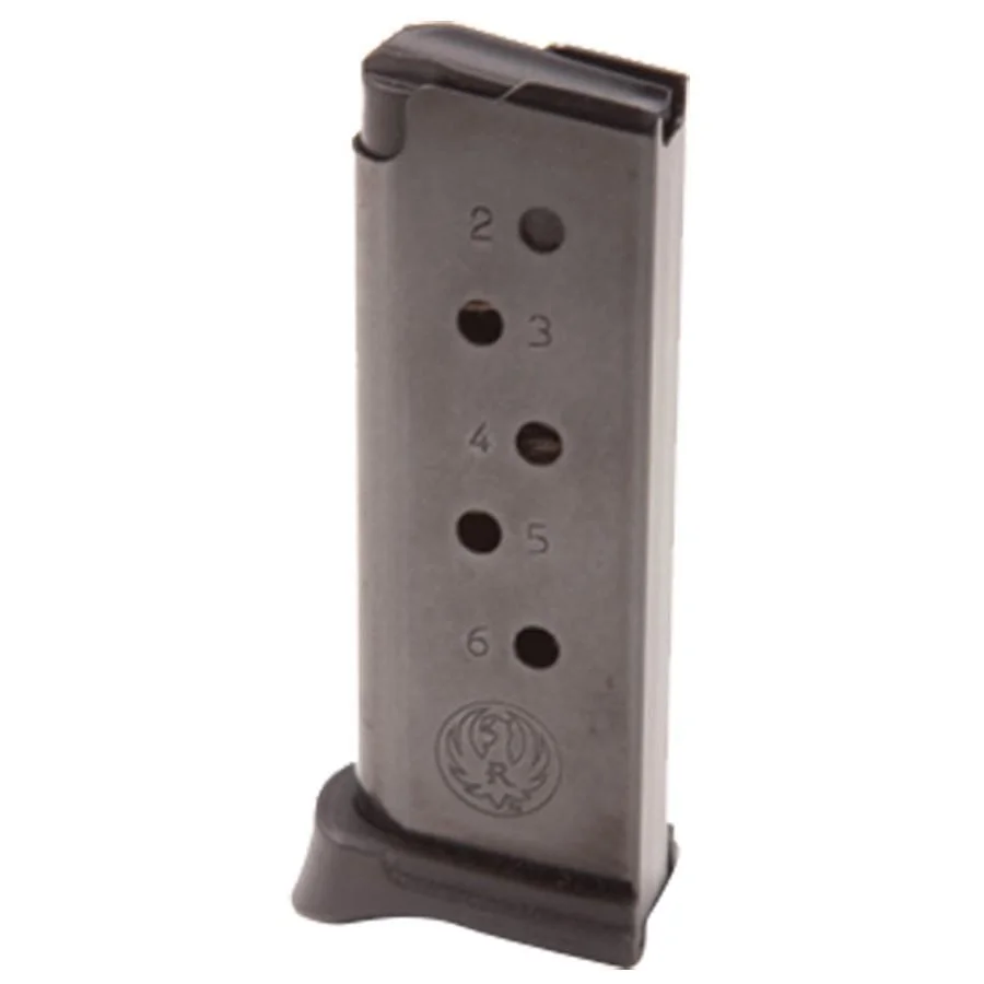 primary-53480 Ruger LCP handgun magazine, front view with silver body, witness holes and black extended floorplate