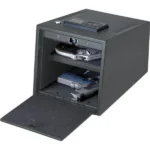 Hornady Two-Gun Keypad Vault black vault shown open with keypad and pull-out drawers