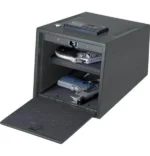 Hornady Two-Gun Keypad Vault black vault shown open with keypad and pull-out drawers