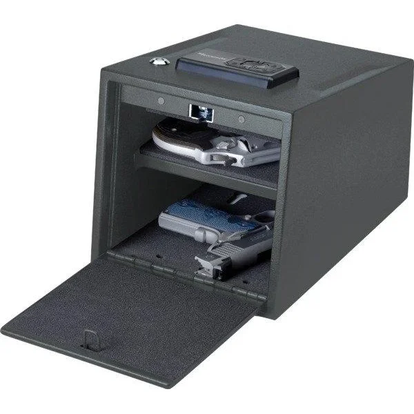 Hornady Two-Gun Keypad Vault black vault shown open with keypad and pull-out drawers