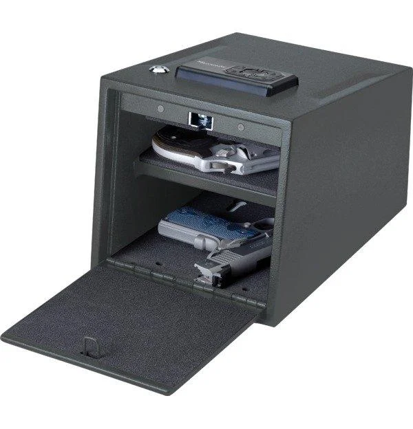 primary-53482 Hornady Two-Gun Keypad Vault black vault shown open with keypad and pull-out drawers
