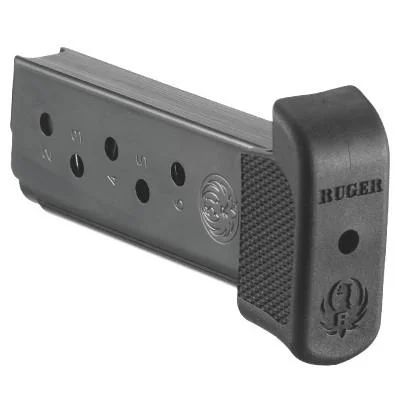 Ruger LCP magazine, angled side view in gray metal with black textured extended base plate