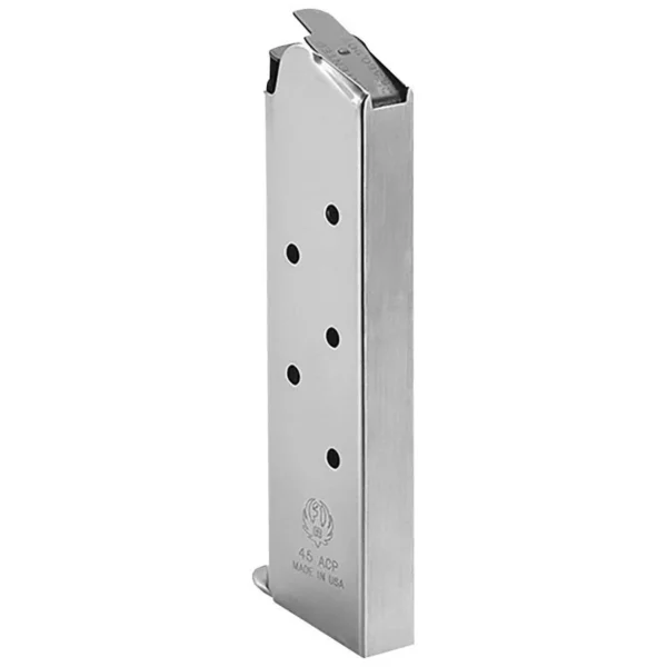 Ruger SR1911 handgun magazine, stainless finish in front three-quarter view