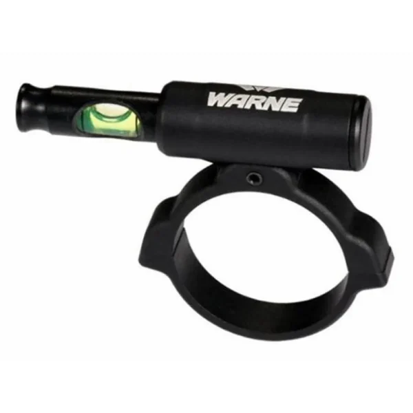 Warne Universal Scope Level black angled side view with green bubble vial and mounting ring