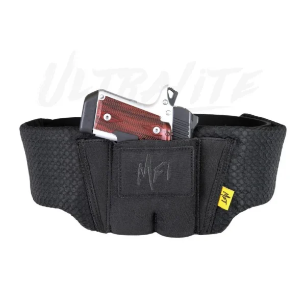 Mission First Tactical Ultralite Belly Band Holster, black band with handgun partially inserted