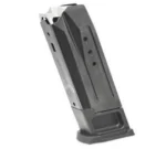 MAG RUGER SEC-9/PC black magazine, angled front view with witness holes and baseplate