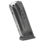 MAG RUGER SEC-9/PC black magazine, angled front view with witness holes and baseplate