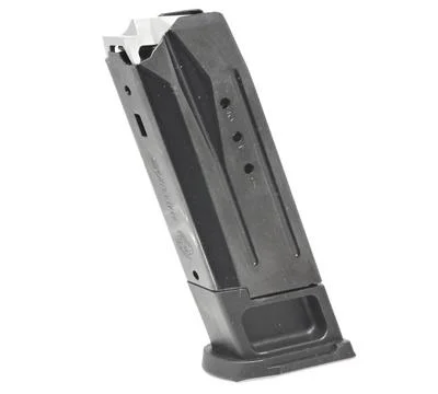 MAG RUGER SEC-9/PC black magazine, angled front view with witness holes and baseplate