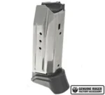 Ruger American magazine, silver metal body with black extended base, angled side view