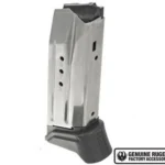 Ruger American magazine, silver metal body with black extended base, angled side view