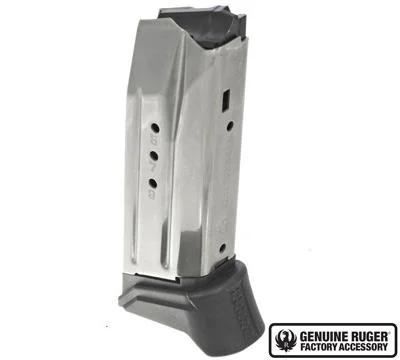 primary-53514 Ruger American magazine, silver metal body with black extended base, angled side view