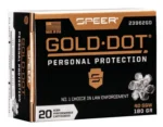 Speer Ammunition SPR GOLD DOT, black and gold ammunition box in front view