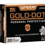 Speer Ammunition SPR GOLD DOT, black and gold ammunition box in front view