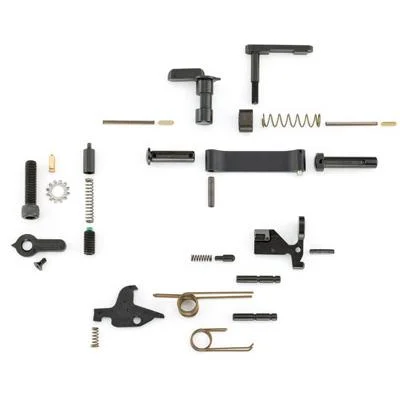 primary-53533 Ruger RUG AR LPK No FCG or Grip, assorted black and brass lower parts laid out