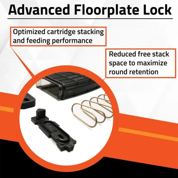 Lancer L5AWM Gen2 floorplate lock components and springs in an orange and black diagram