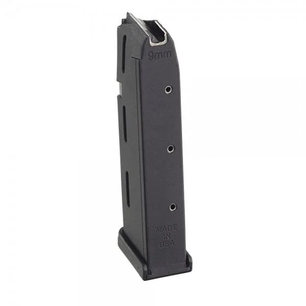 primary-53541 Promag Magazine for Glock 17/19/26, upright black polymer magazine in angled side view