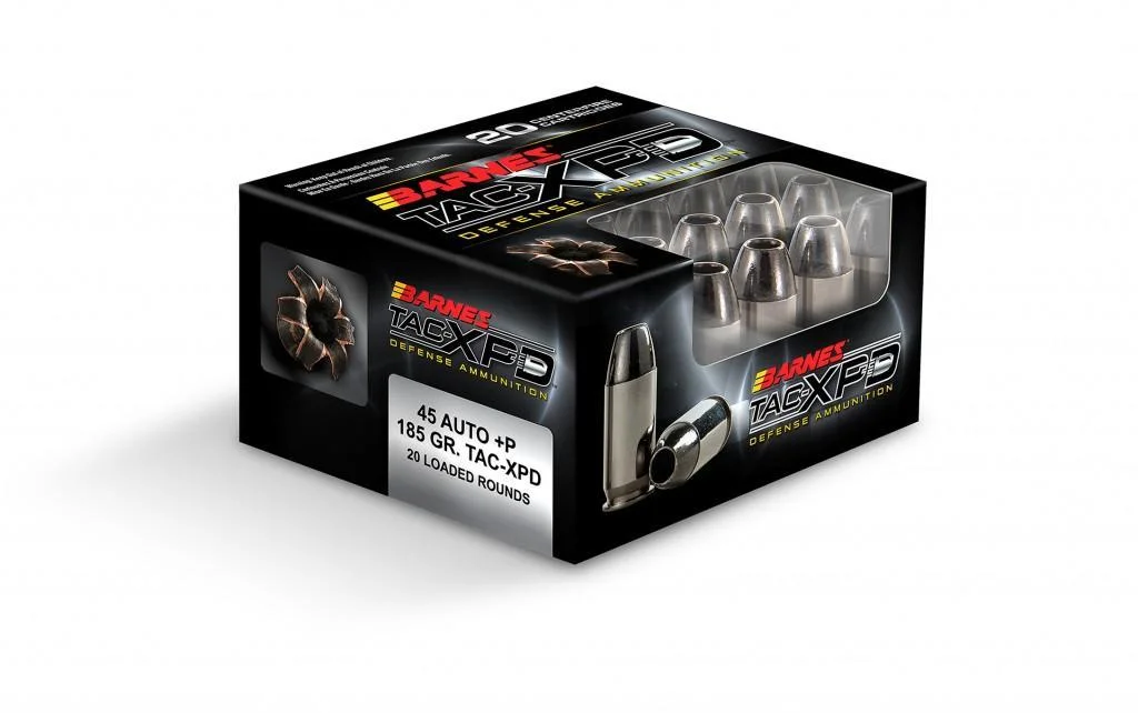 primary-53543 Barnes TAC-XPD Defense Handgun Ammunition, black box with silver cartridges visible inside