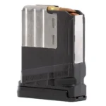 LANCER L7AWM GEN2 black magazine, angled view with silver feed lips and visible cartridge