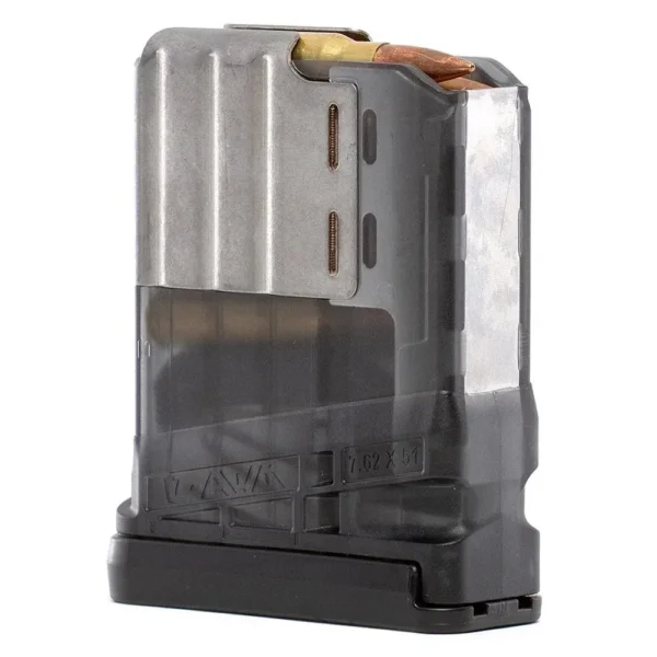 LANCER L7AWM GEN2 translucent smoke magazine, angled view with silver feed lips