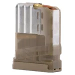 LANCER L7AWM GEN2 translucent tan magazine, angled view with silver feed lips