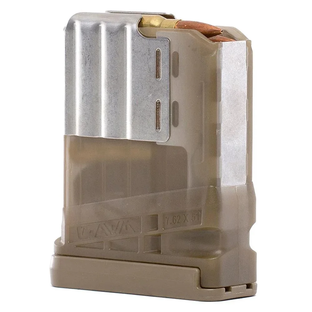 primary-53550 LANCER L7AWM GEN2 translucent tan magazine, angled view with silver feed lips