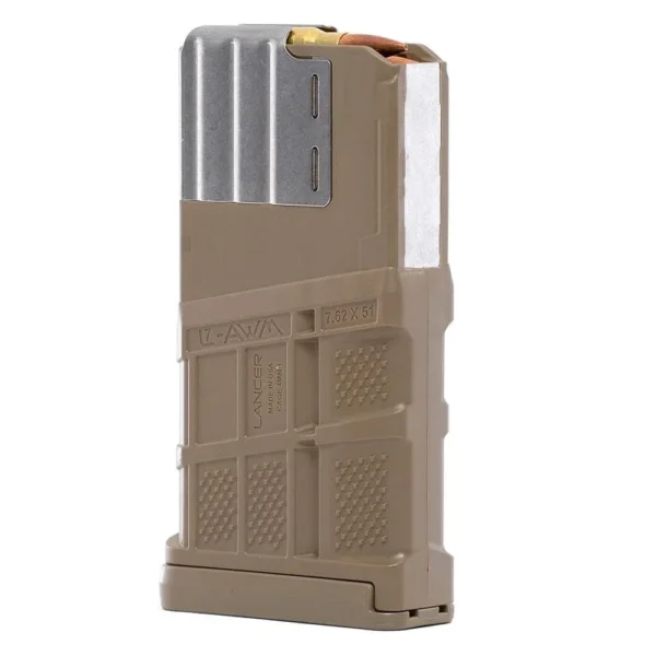 Lancer L7AWM flat dark earth magazine, angled view with silver feed lips and visible cartridge