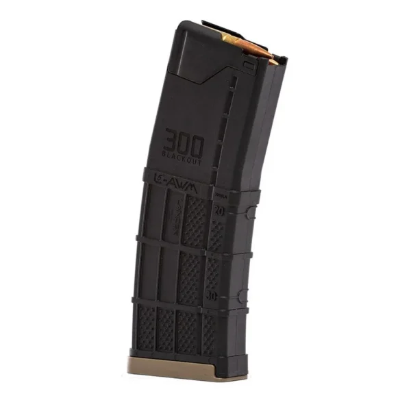 LANCER L5AWM 300BLK opaque black curved magazine, angled side view with textured panels