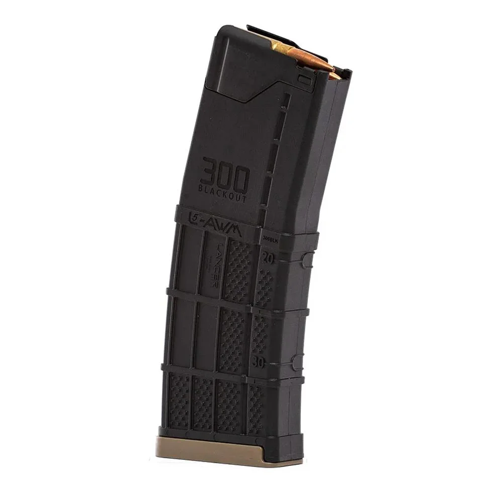 primary-53554 LANCER L5AWM 300BLK opaque black curved magazine, angled side view with textured panels