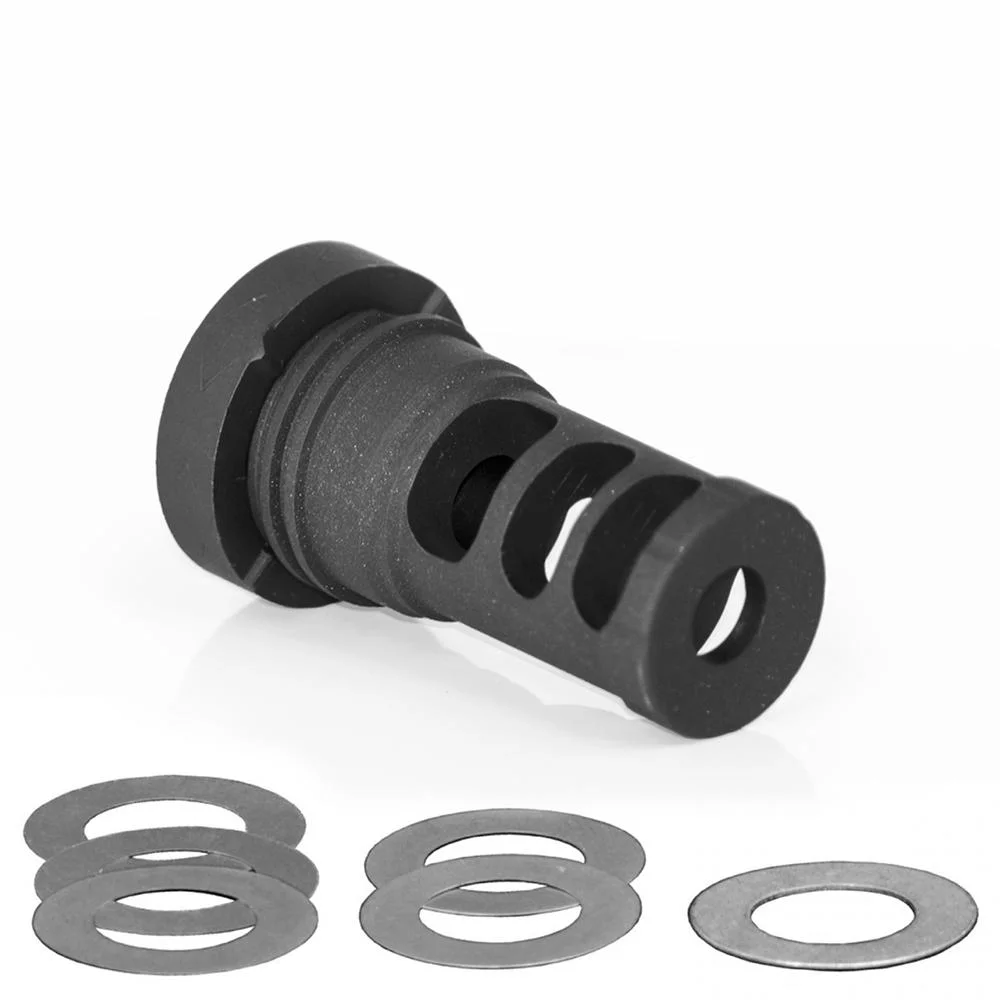 primary-53555 Yankee Hill Machine YHM Phantom QD Muzzle Brake, black angled view with ports and loose washers