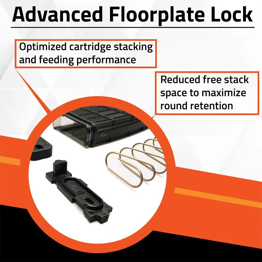primary-53556 Lancer L5AWM Gen2 infographic showing a black floorplate lock, spring and magazine base