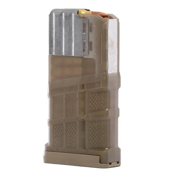 Lancer L7AWM Gen2 TDE translucent tan magazine, angled front view with metal feed lips