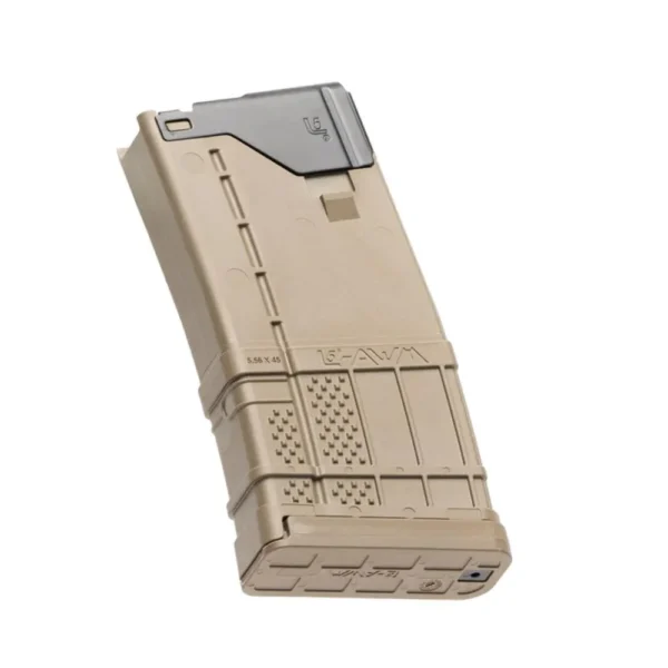 LANCER L5AWM GEN2 223REM 20RD FDE tan curved magazine angled front view with dark feed lips