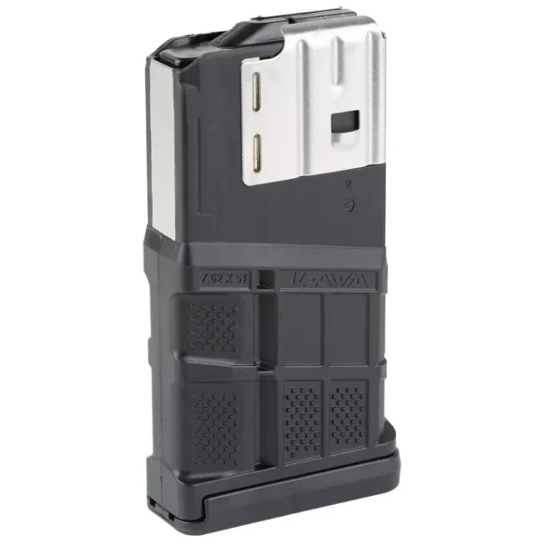 LANCER L7AWM GEN2 7.62 20RD BLK black magazine, angled front view with silver upper section