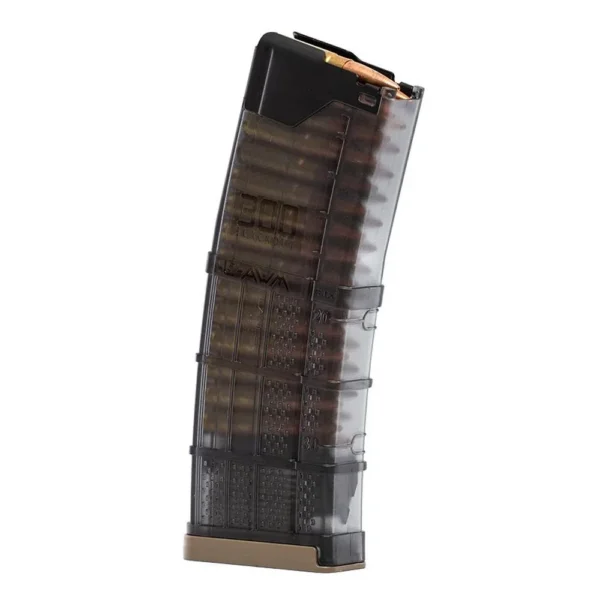 LANCER L5AWM translucent smoke magazine in front three-quarter view with visible internal ribs