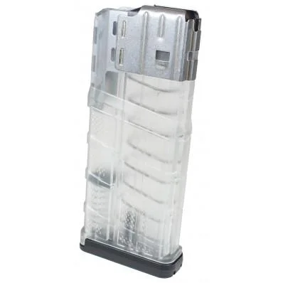 Lancer L7 Advanced Warfighter Rifle Magazine, transparent clear front view with black baseplate