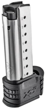 Springfield MAGAZINE SPRGFLD silver magazine with black grip sleeve, angled side view